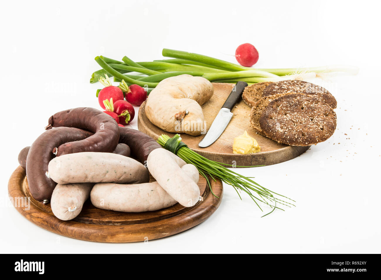 Liverwurst, Blood Sausage, Green Onions, Radish, Chives, Mustard And Bread Stock Photo