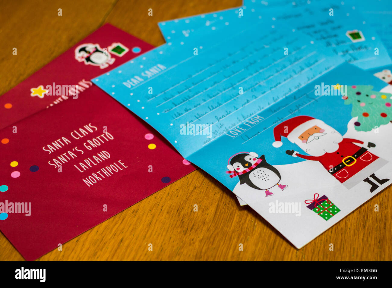 Santa letters, writing to Santa Claus, North Pole, Lapland, christmas concept tradition, children write letters, letter for santa, toys gifts presents Stock Photo