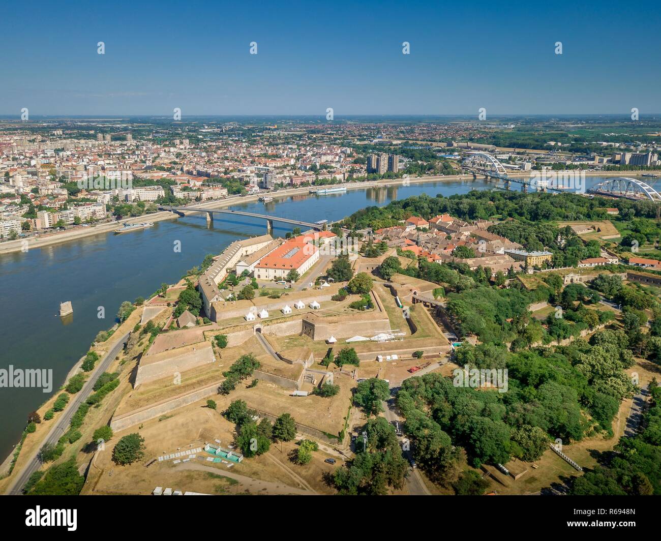 Aerial view of Petrovaradin Novi Sad fortress from the Austria Turkish times in Serbia former Yugoslavia along the Danube river Stock Photo