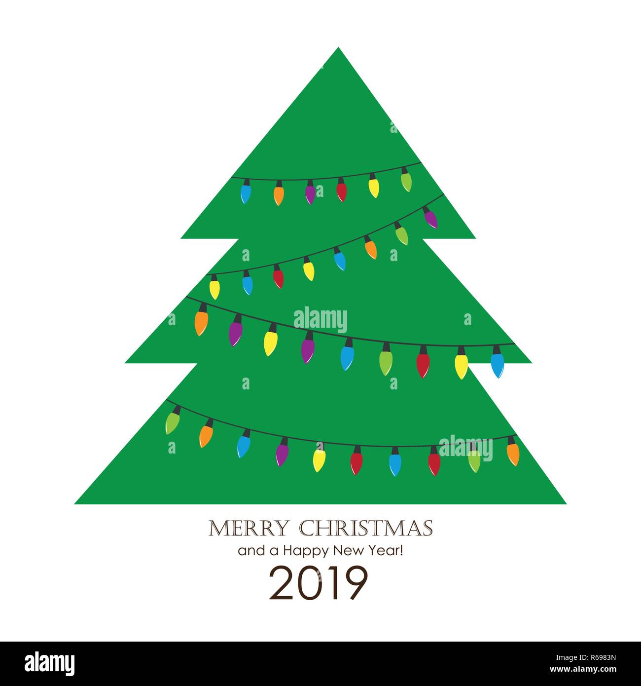 christmas tree with colorful fairy lights greeting card vector