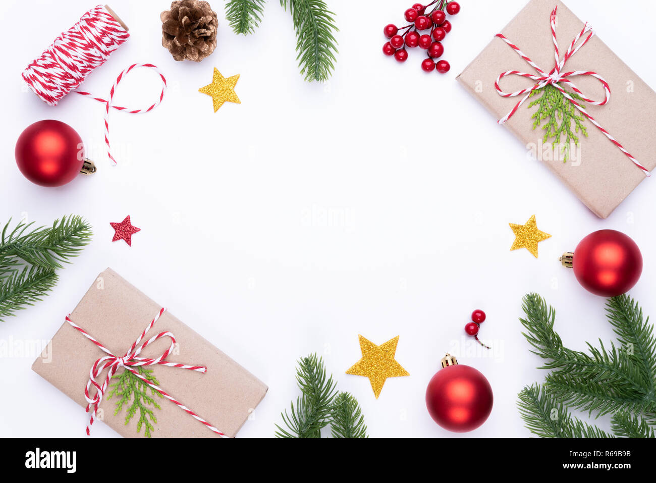 Christmas background concept. Top view of Christmas gift box red sock ...