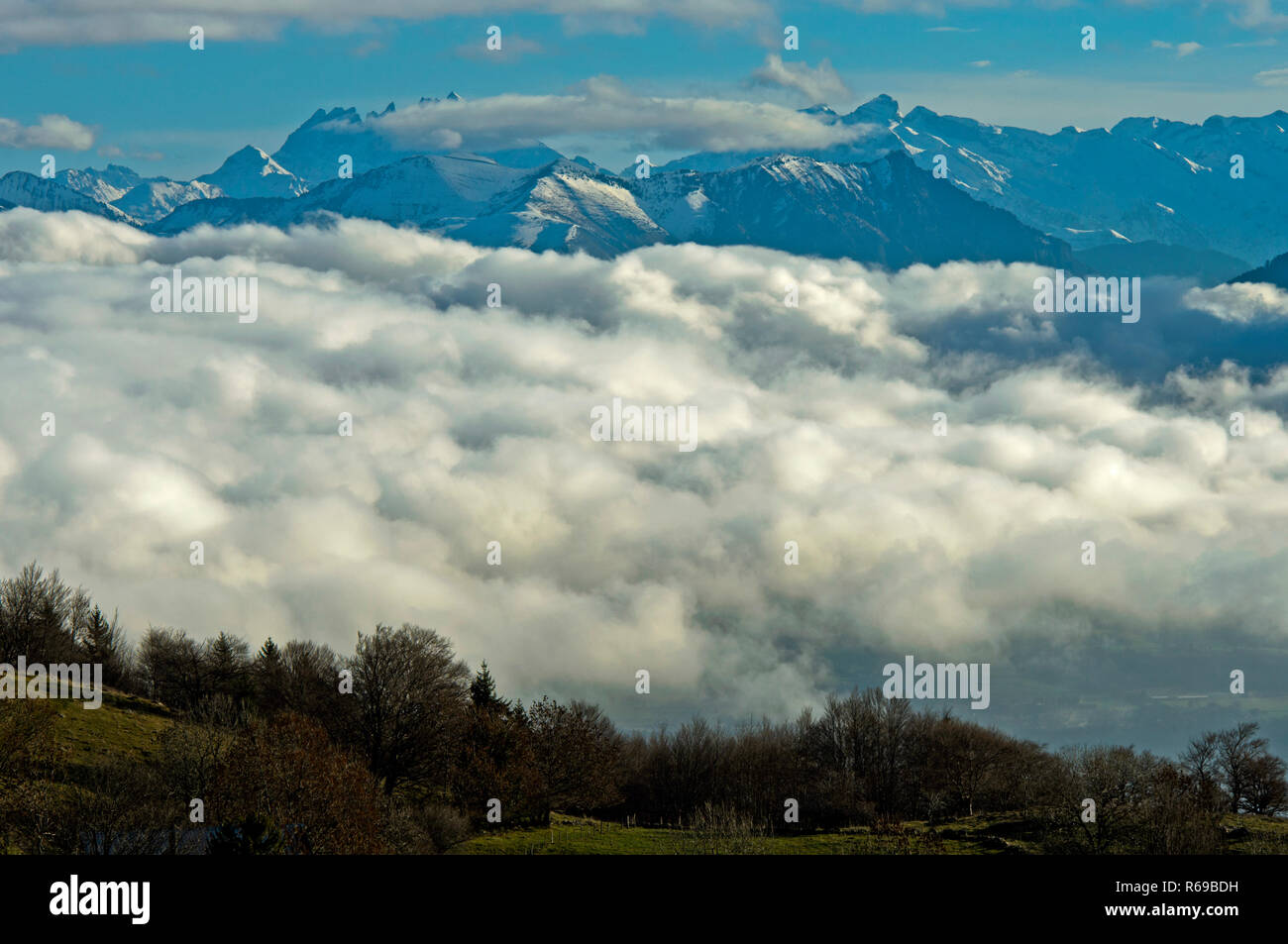 View Across The Sea Of Fog In The Arve Valley To The Peaks Of The French Alps, Haute-Savoie, France Stock Photo