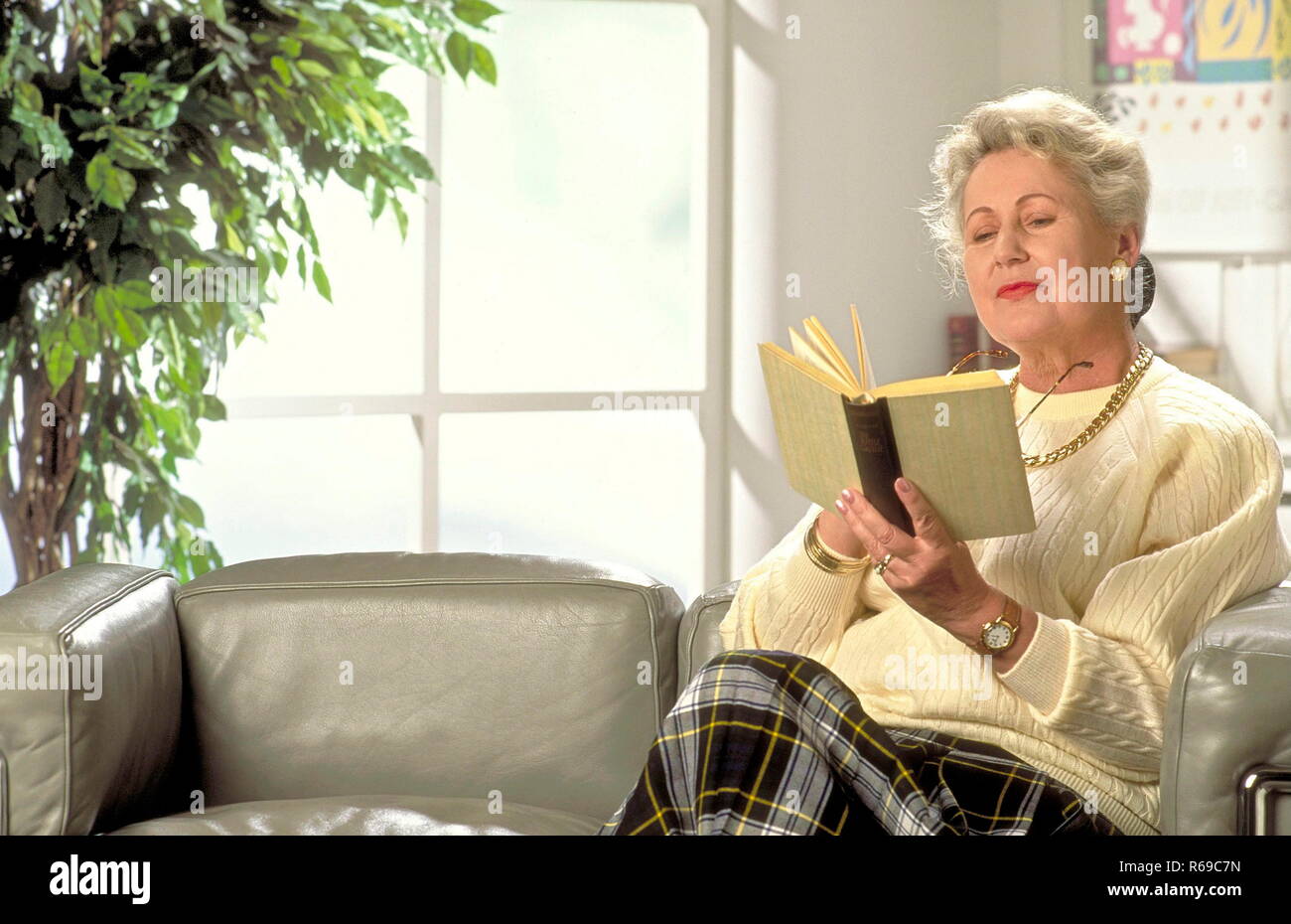 Portrait, Halbfigur, Frau, ca. 60, mit kurzen grauem Haaren sitzt auf dem Sofa und liest ein Buch Stock Photo