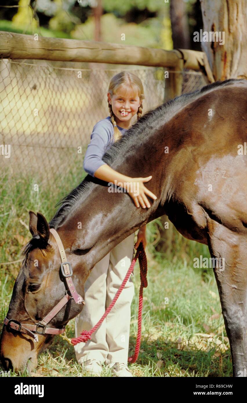 Portrait, Maedchen, 12 Jahre, mit langen blonden Zoepfen umarmt ihr gehalftertes braunes Pferd Stock Photo