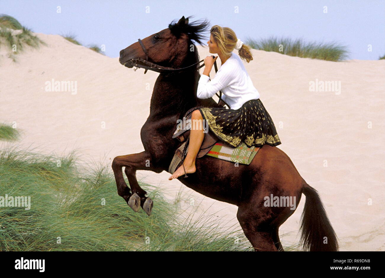 blondes Maedchen reitet barfuss auf einem braunen Pferd durch die Duenen Stock Photo