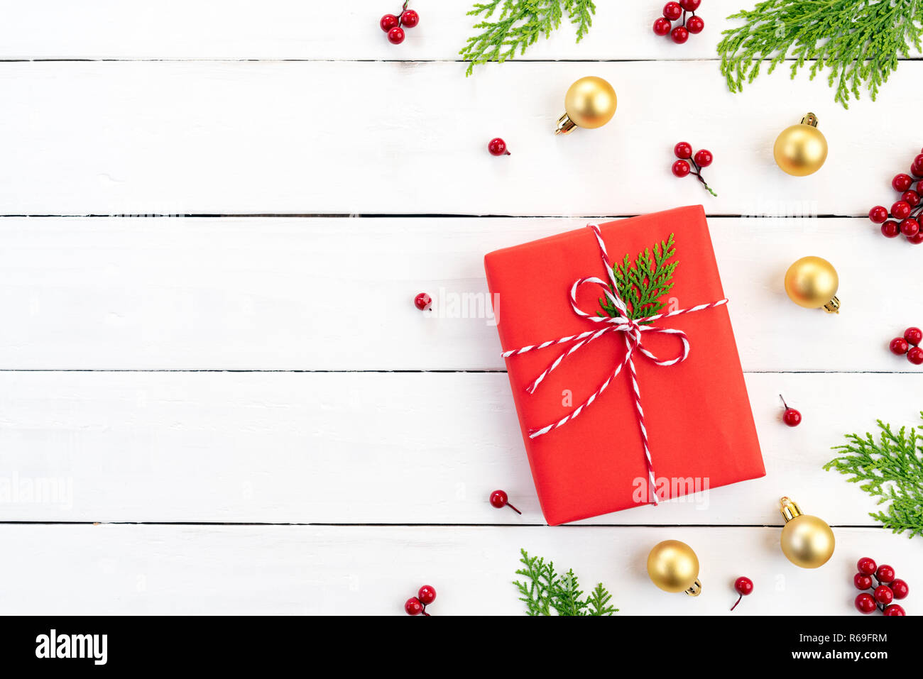 Christmas background concept. Top view of Christmas green and red gift ...