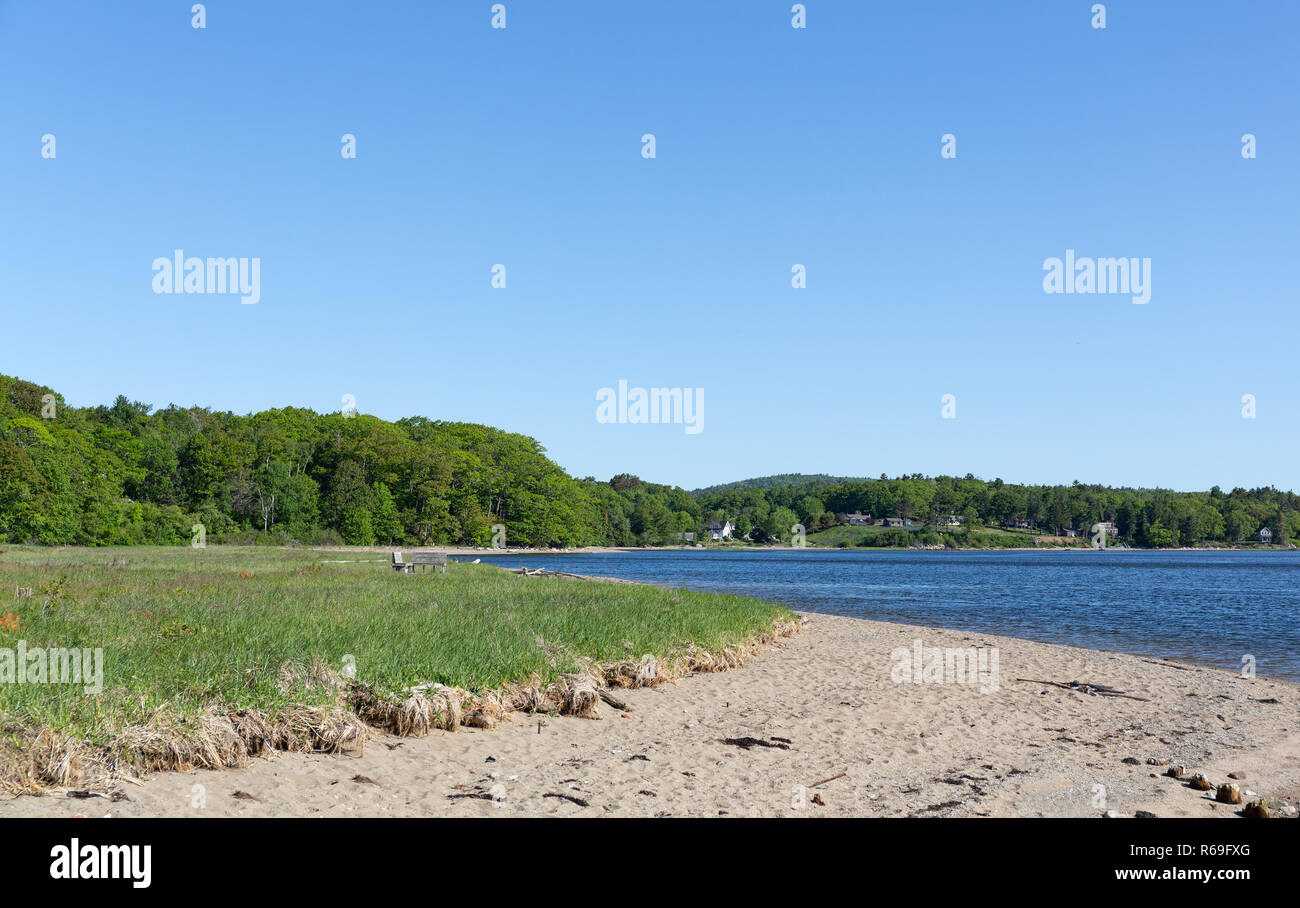 View Sandy Point Beach Park in Stockton Springs, Maine on a bright sunny morning. Stock Photo