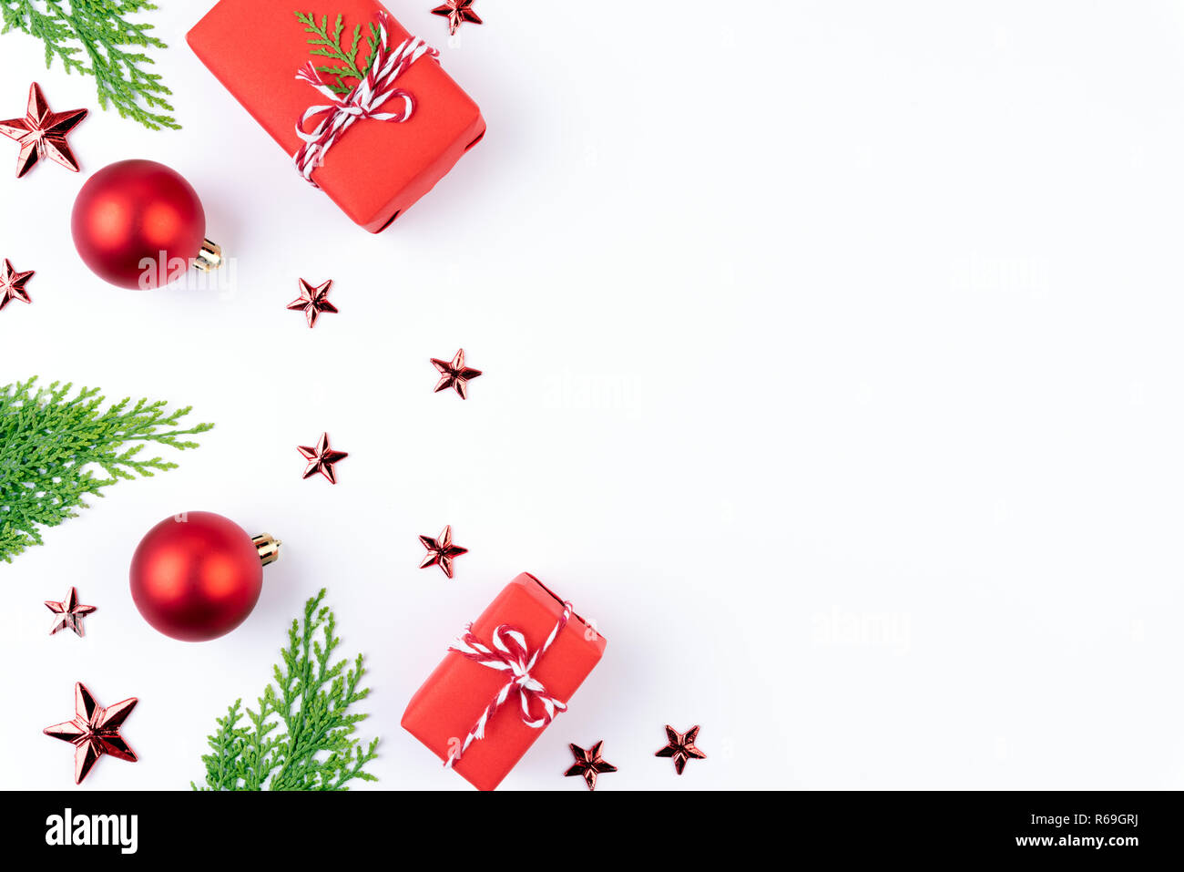 Christmas background concept. Top view of Christmas red gift box with ...