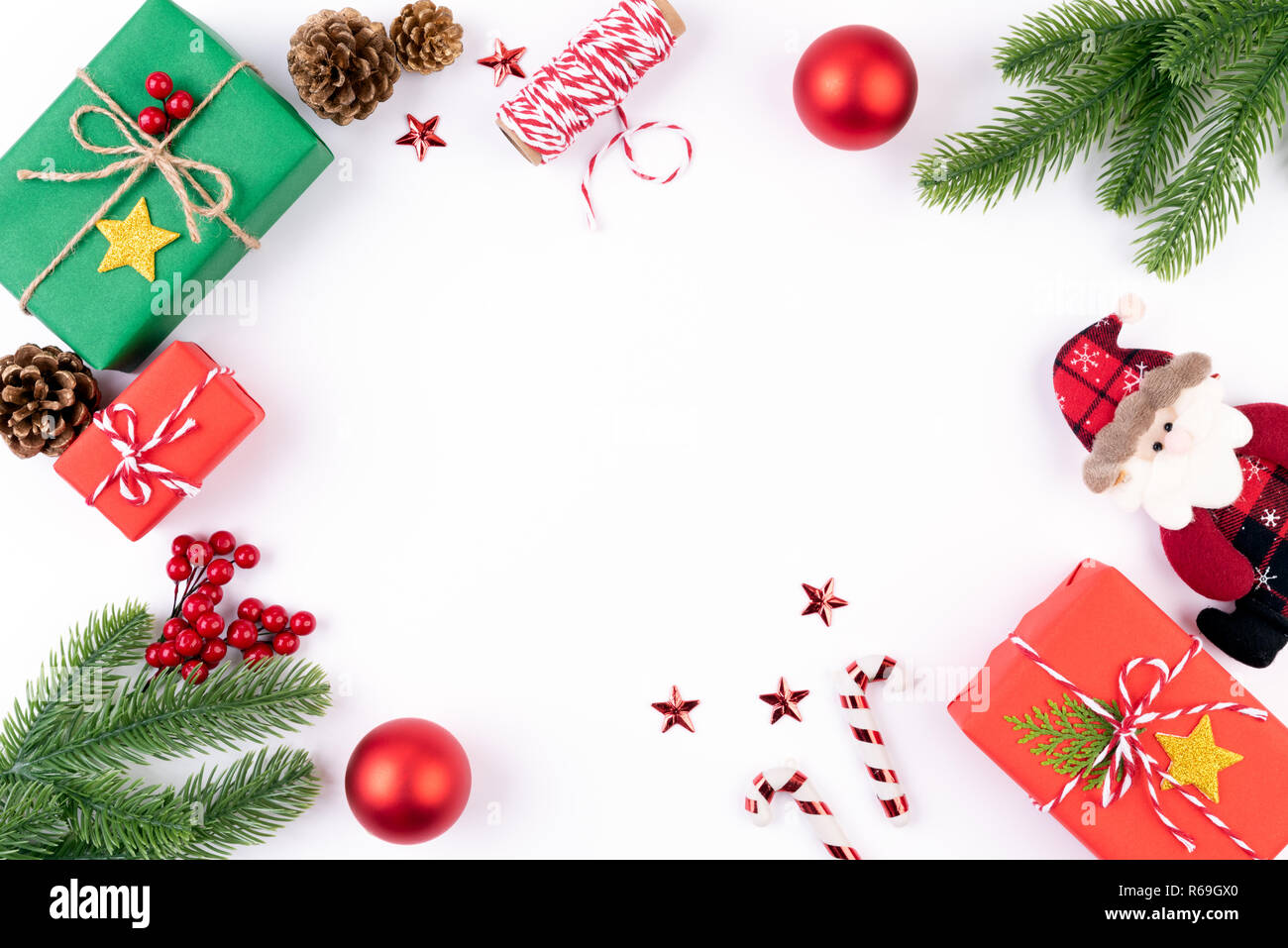 Christmas background concept. Top view of Christmas green and red gift ...