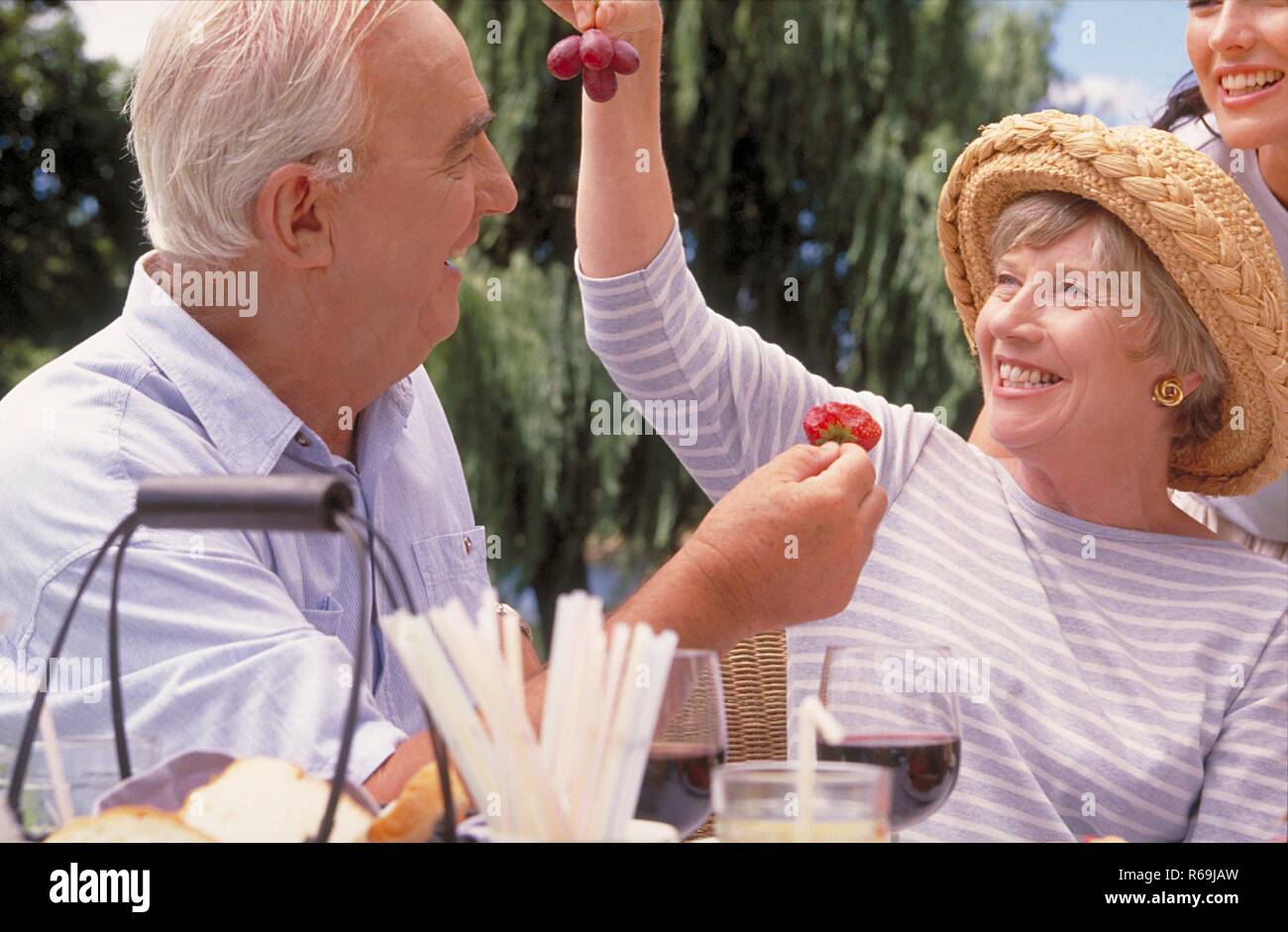 Parkszene, Portrait, Seniorenpaar geniesst einen Sommertag im Gruenen bei einem Picknick mit Trauben, Erdbeeren und einem Glas Rotwein Stock Photo