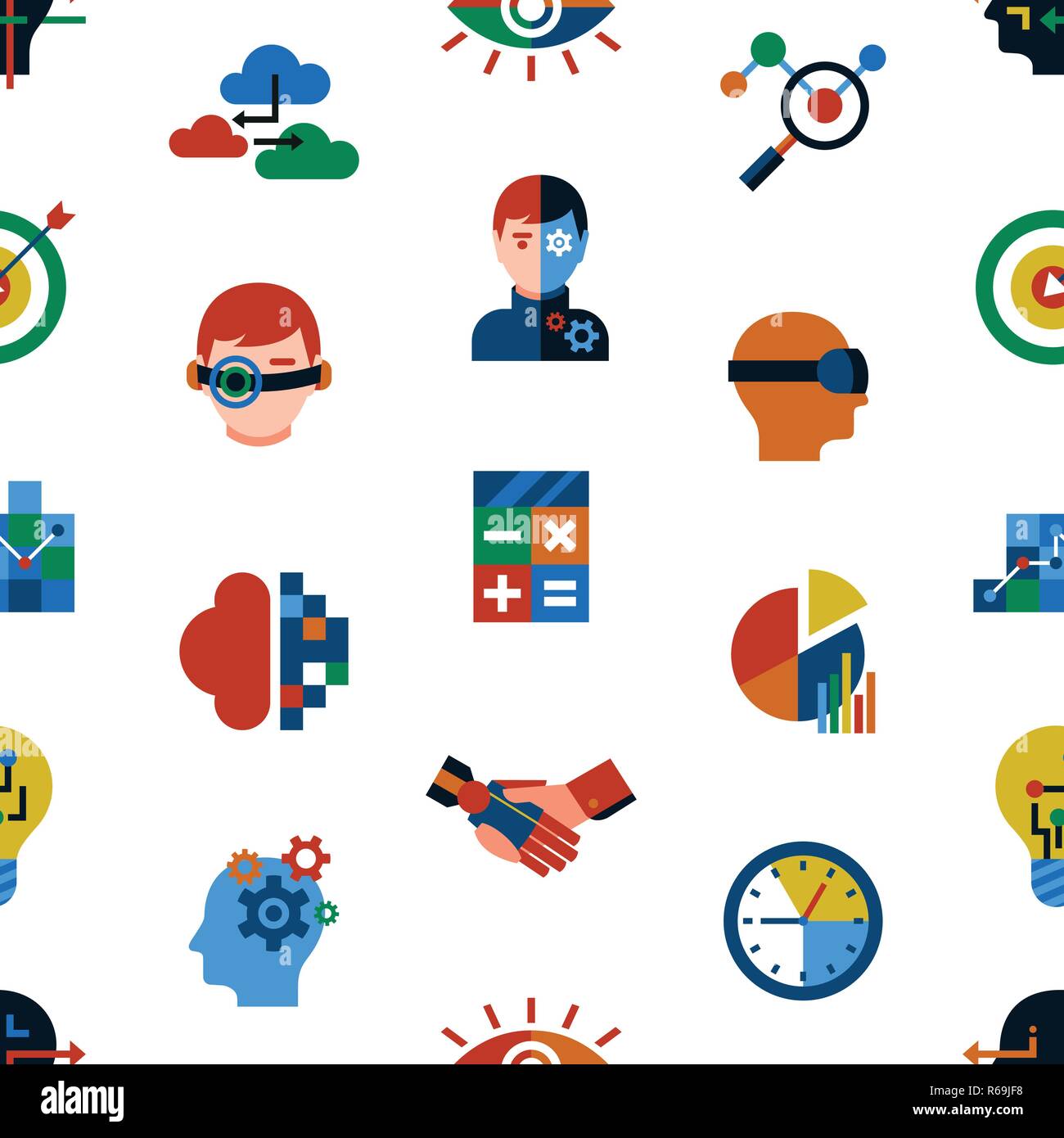 Digital vector augmented analytics and innovation technology icons set, seamless pattern Stock Vector