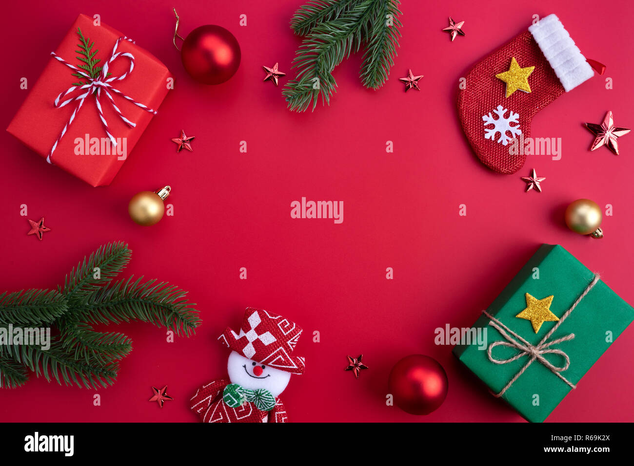 Christmas background concept. Top view of Christmas green and red gift ...
