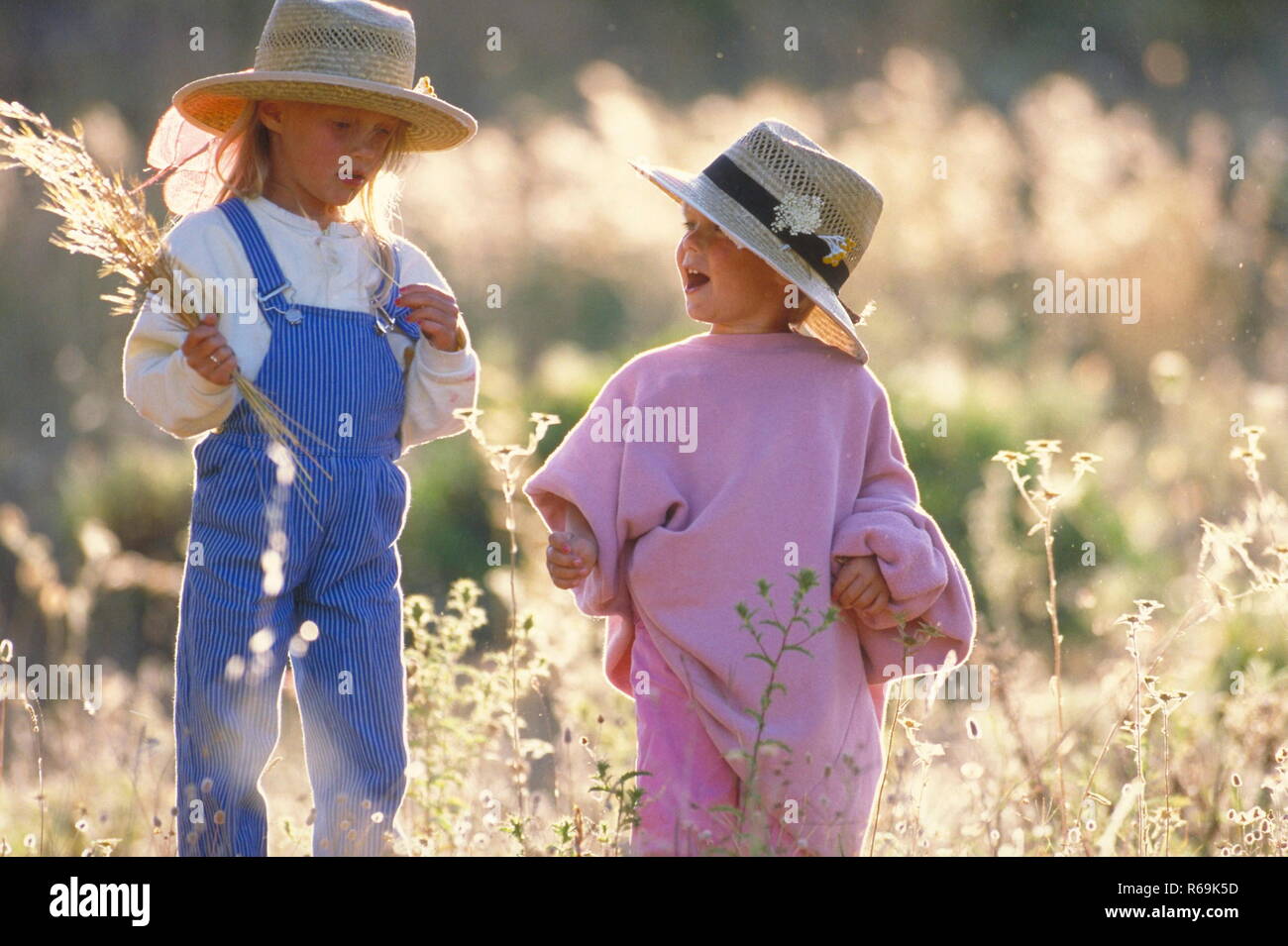 Portrait, 2 Schwestern mit Strohhueten, 4 und 6 Jahre, stehen im Spaetsommer in einer Wildwiese und pfluecken einen Strauss trockener Graeser Stock Photo
