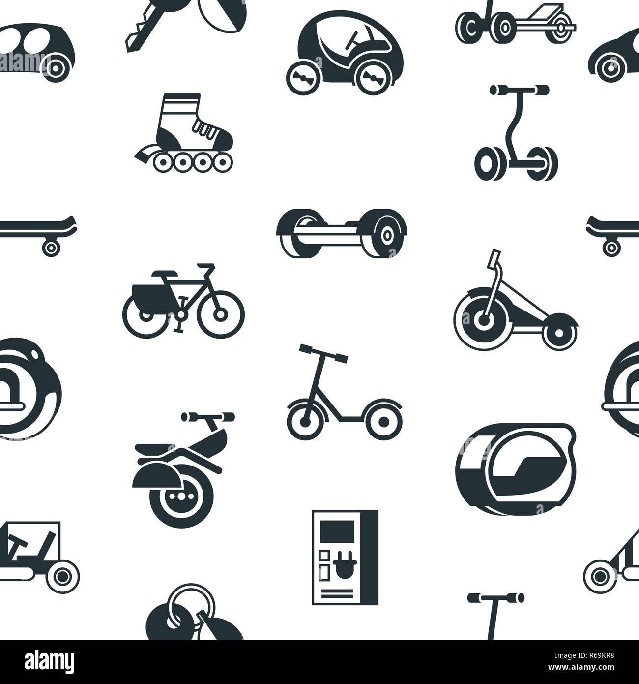 Digital vector eco green transport technology icons set, seamless pattern Stock Vector