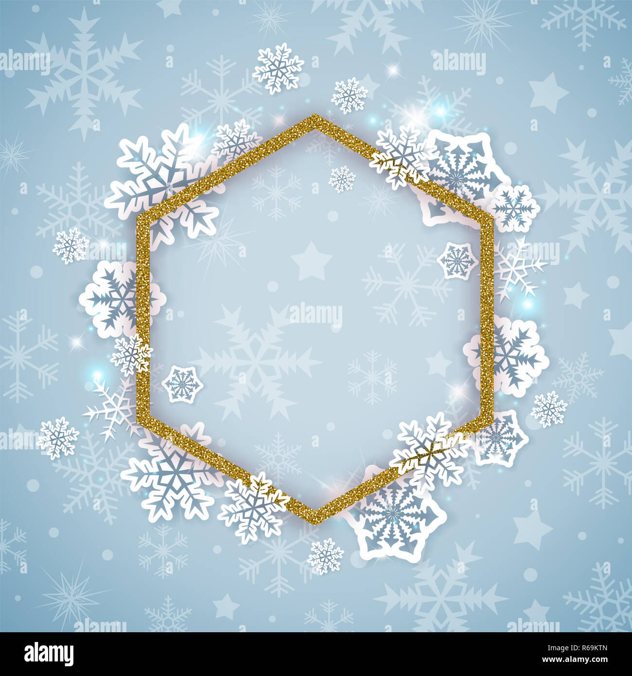 Christmas background with golden glittering frame and white snowflakes. New year greeting card. Stock Photo
