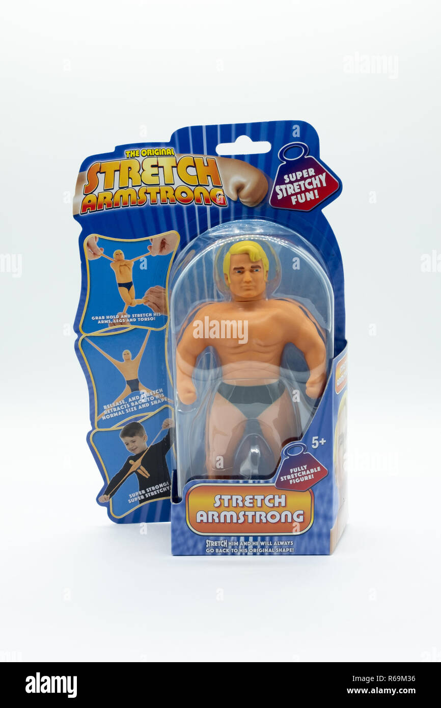 Largs, Scotland, UK - November 29, 2018: Original Branded Stretch Armstrong child's Toy in partially recyclable packaging in line with current UK guid Stock Photo