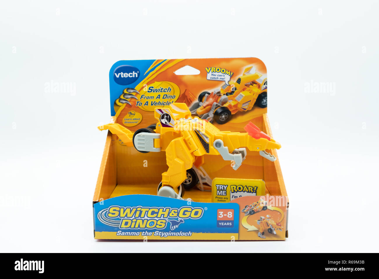 Largs, Scotland, UK - November 29, 2018: Vtech Branded Switch & Go Dinos Children's Plastic Toy boxed in partially recyclable packaging in line with c Stock Photo