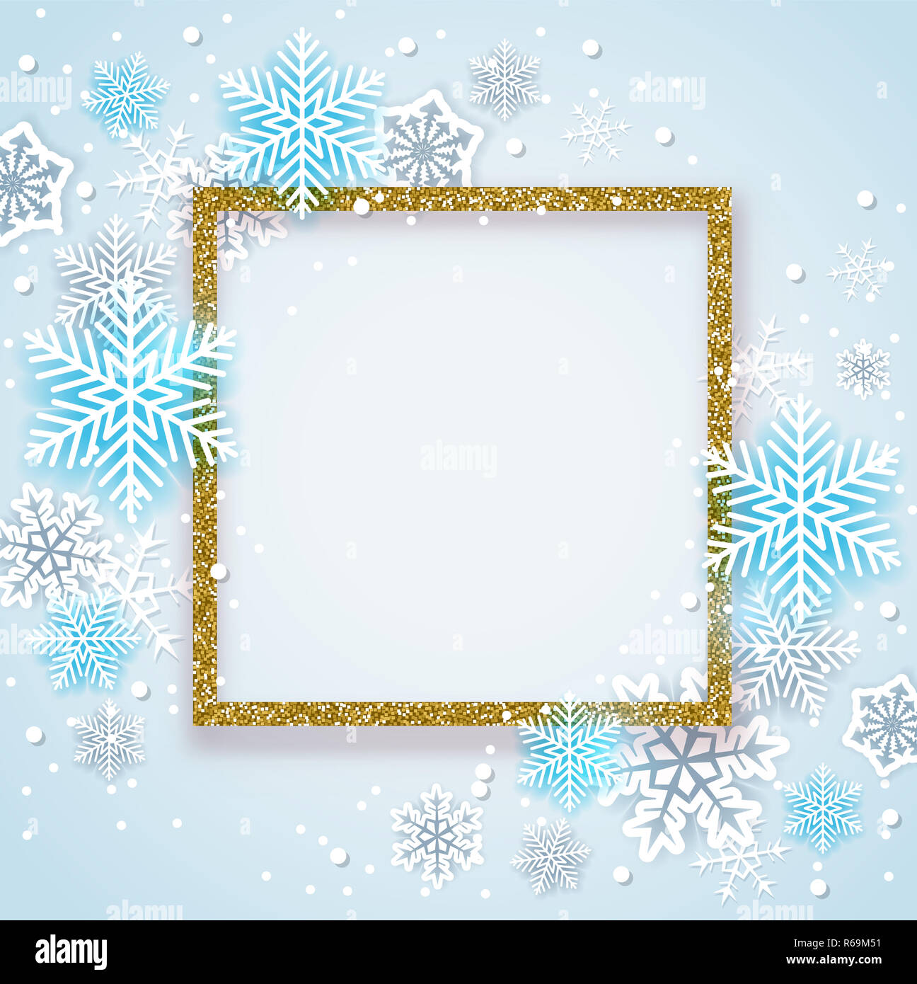 Christmas background with golden glittering frame and blue snowflakes. New year greeting card. Stock Photo