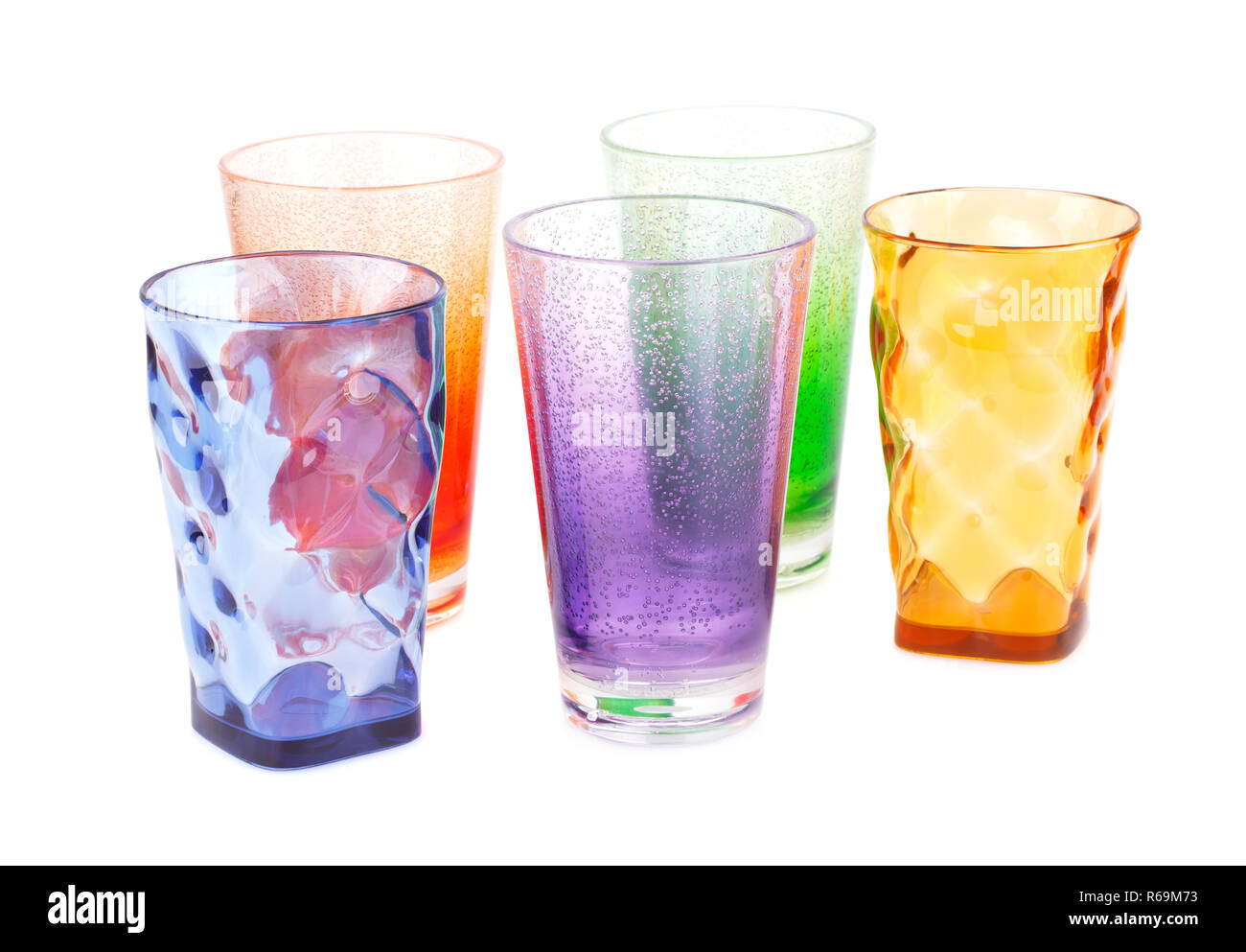 Empty Juice Soda Glasses With Ice Cubes Reflection Isolated On