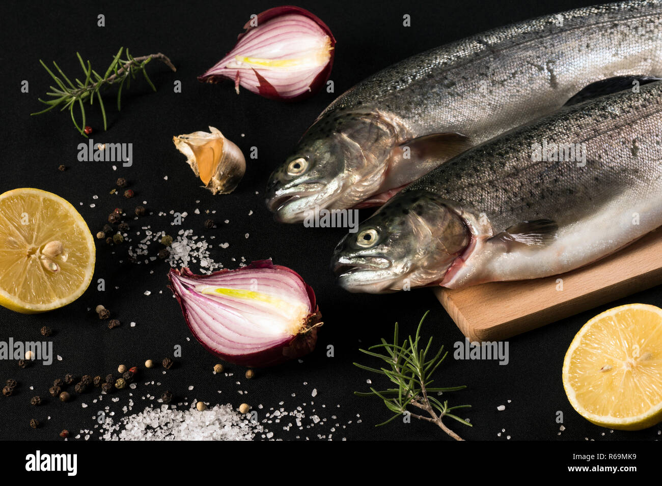 raw trout fish with ingredients Stock Photo Alamy