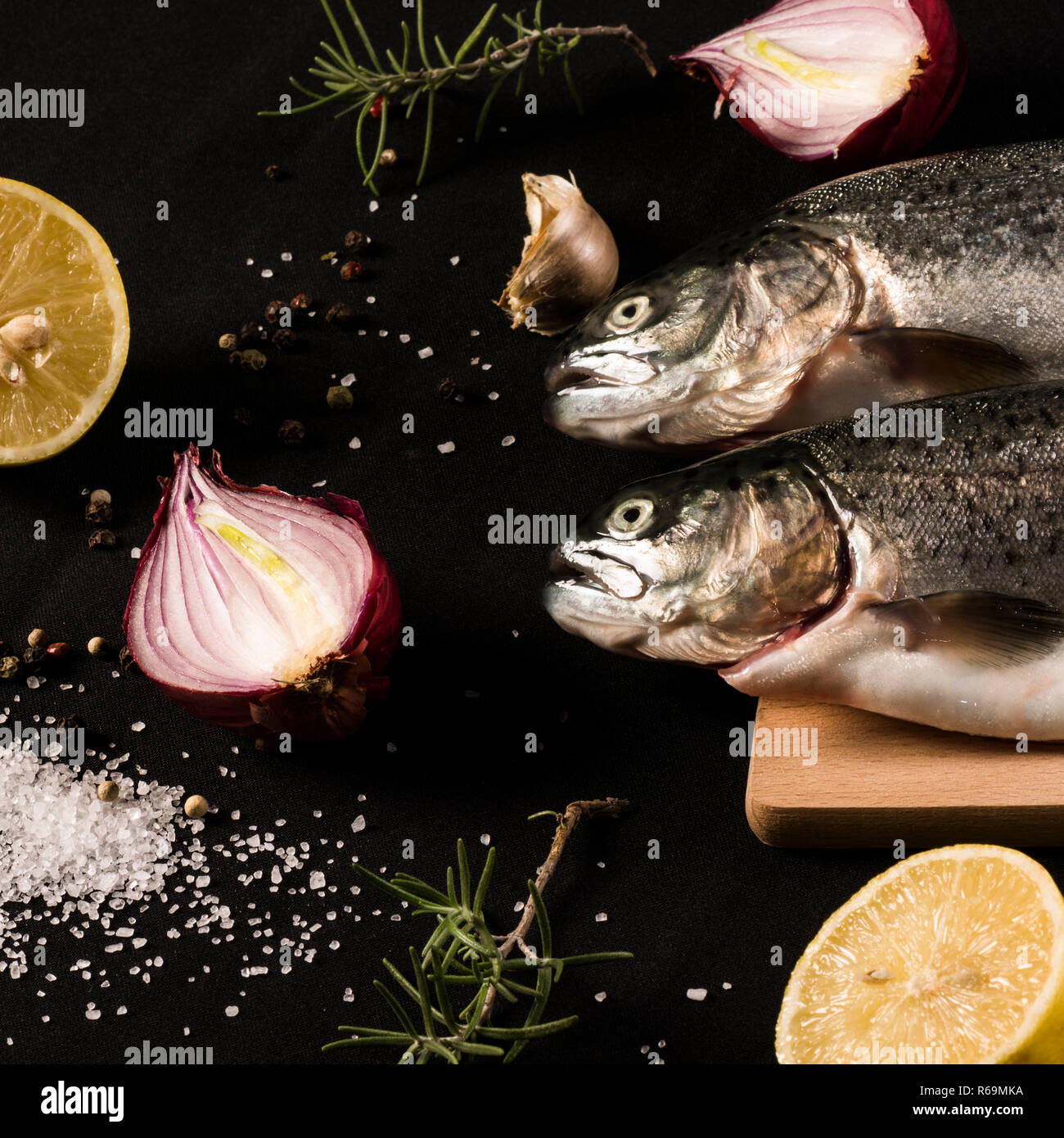 raw trout fish with ingredients Stock Photo Alamy
