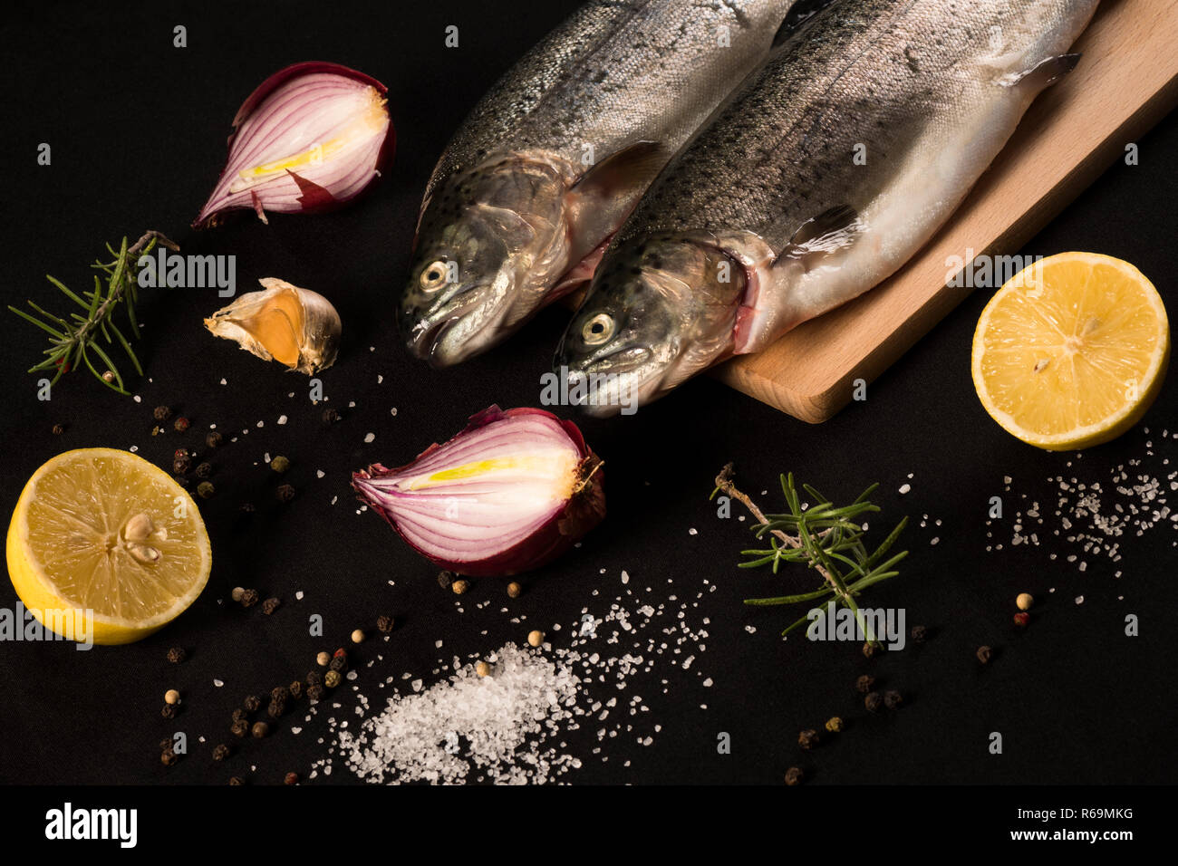 raw trout fish with ingredients Stock Photo Alamy
