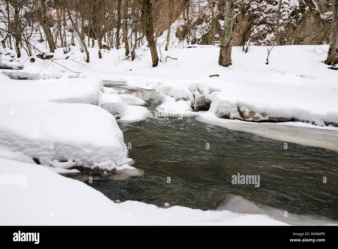 Frozen river covered with snow and ice. Beautiful winter landscape in ...