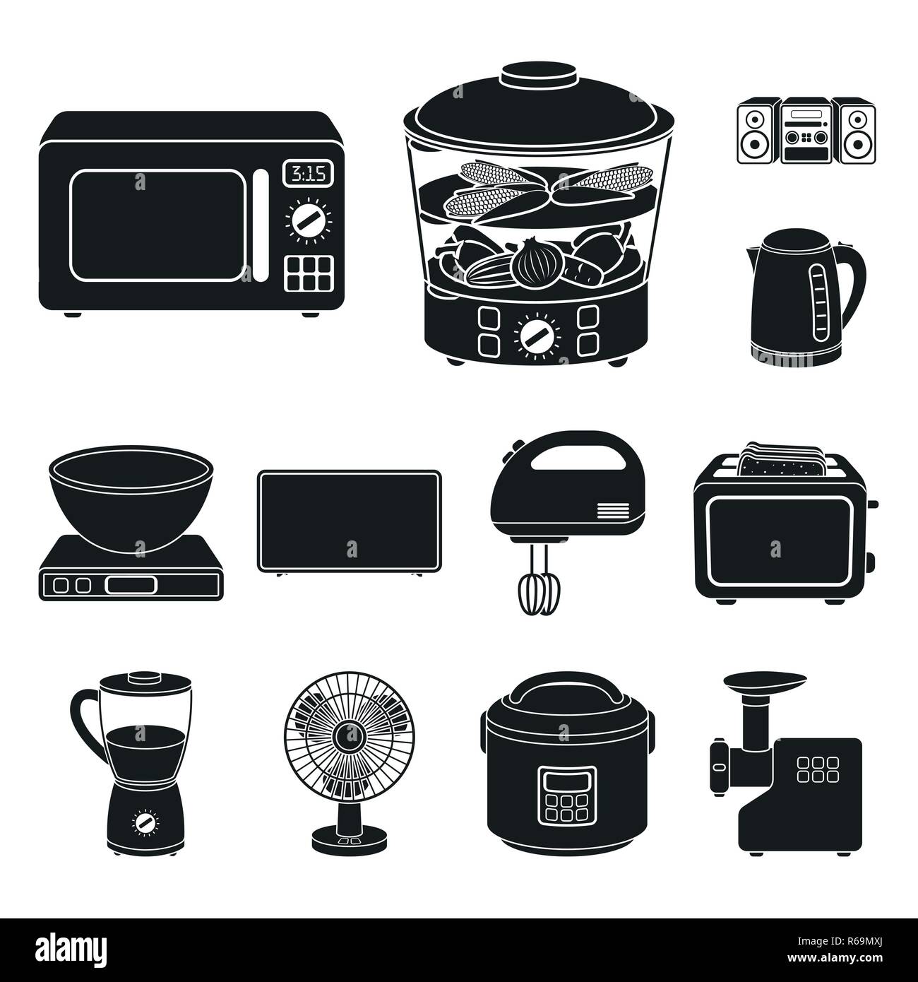 Types of household appliances black icons in set collection for design