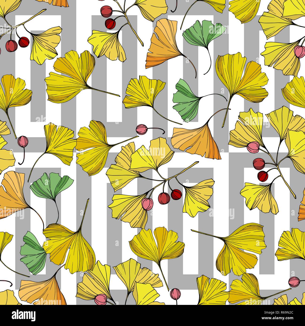 Vector. Green ginkgo leaf. Seamless background pattern. Fabric