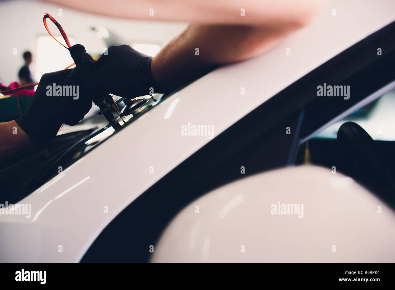 Using tools repairing to fix crack windshield Stock Photo