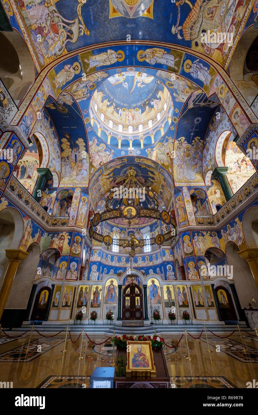 Interior painted with elaborate frescoes, St. Johannnes Vladimir Cathedral, Hram Svetog Jovana Vladimira, Bar, Montenegro Stock Photo
