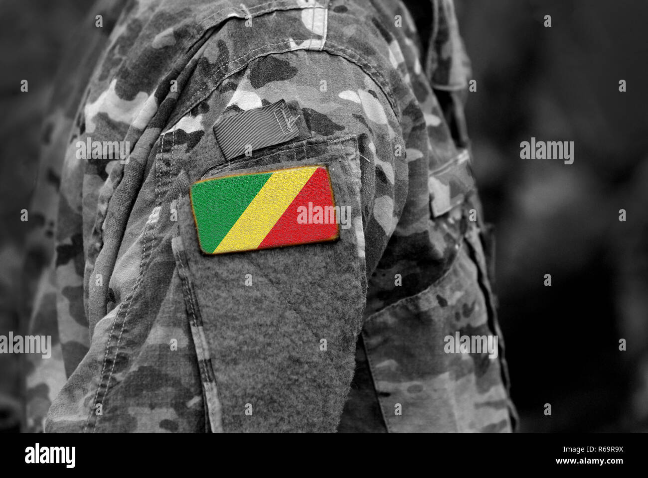 Flag of Congo on soldiers arm. Army, troops, military, Africa (collage). Stock Photo