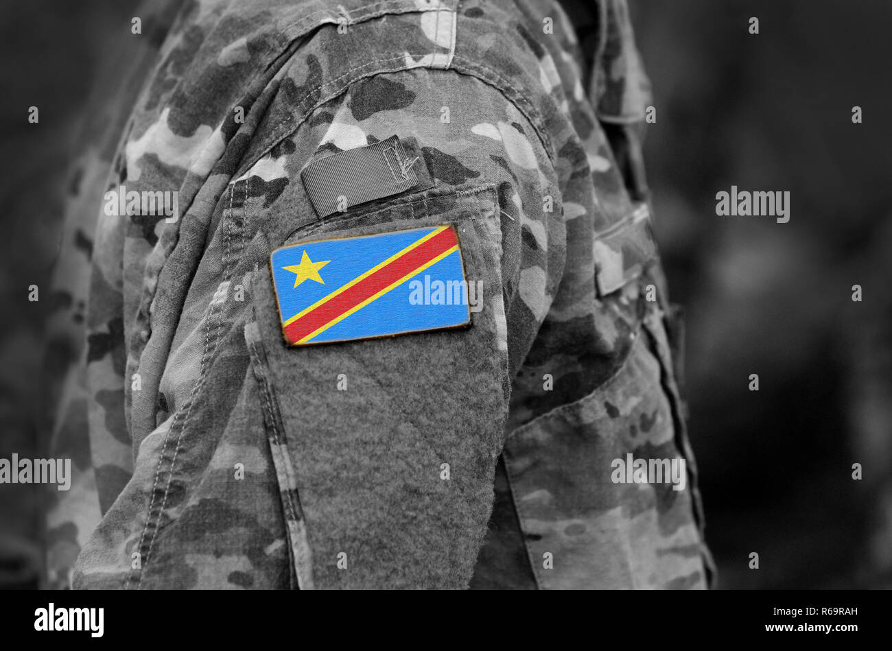 Democratic Republic of the Congo flag on soldiers arm. Army, troops, military, Africa (collage). Stock Photo