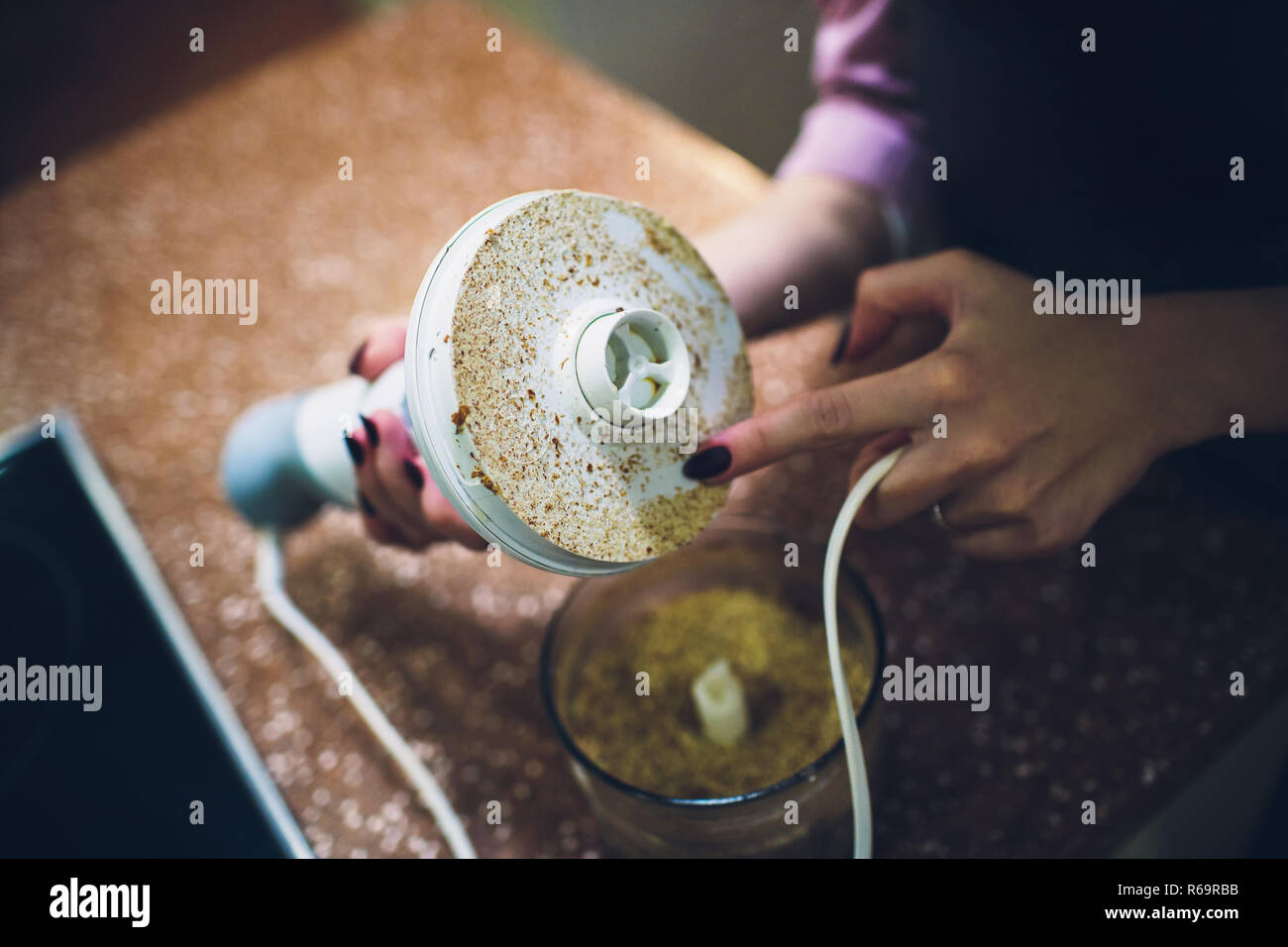 Almond Nuts in Blender, Almond Butter Preparation Process, Top View