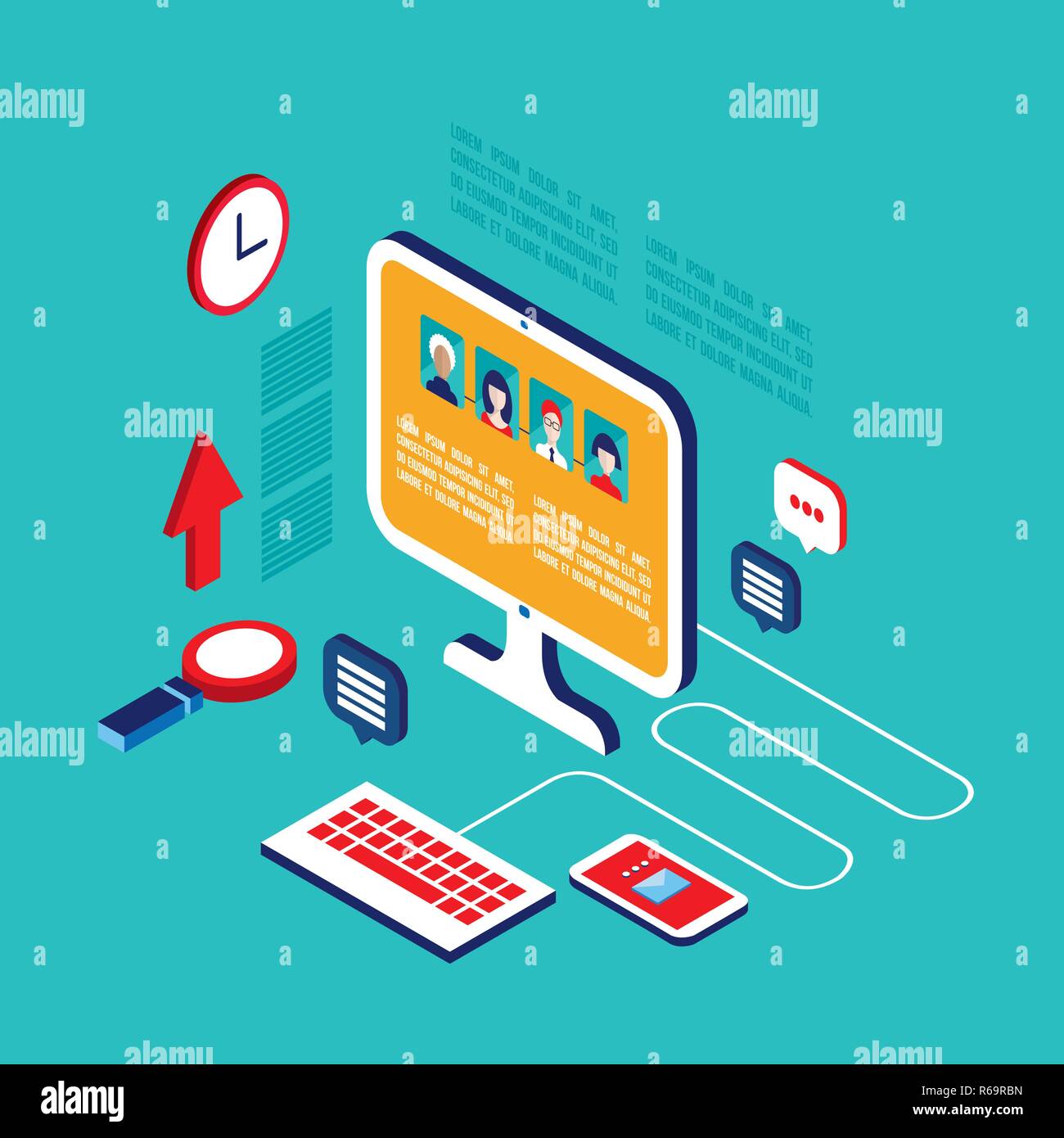 Workplace isometric elements set Social network and communication concept Vector illustration Stock Vector