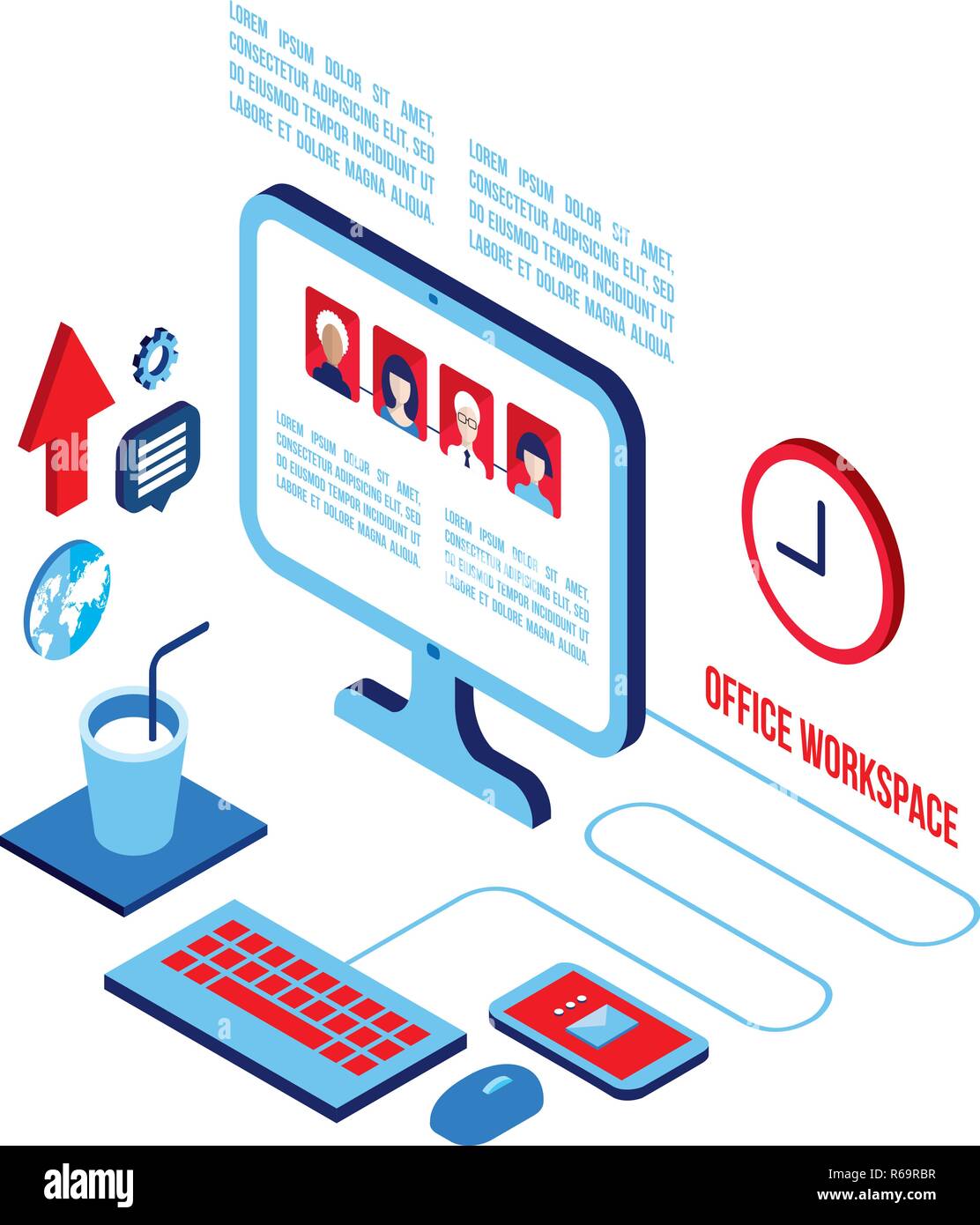 Workplace isometric elements set Social network and communication concept Vector illustration Stock Vector