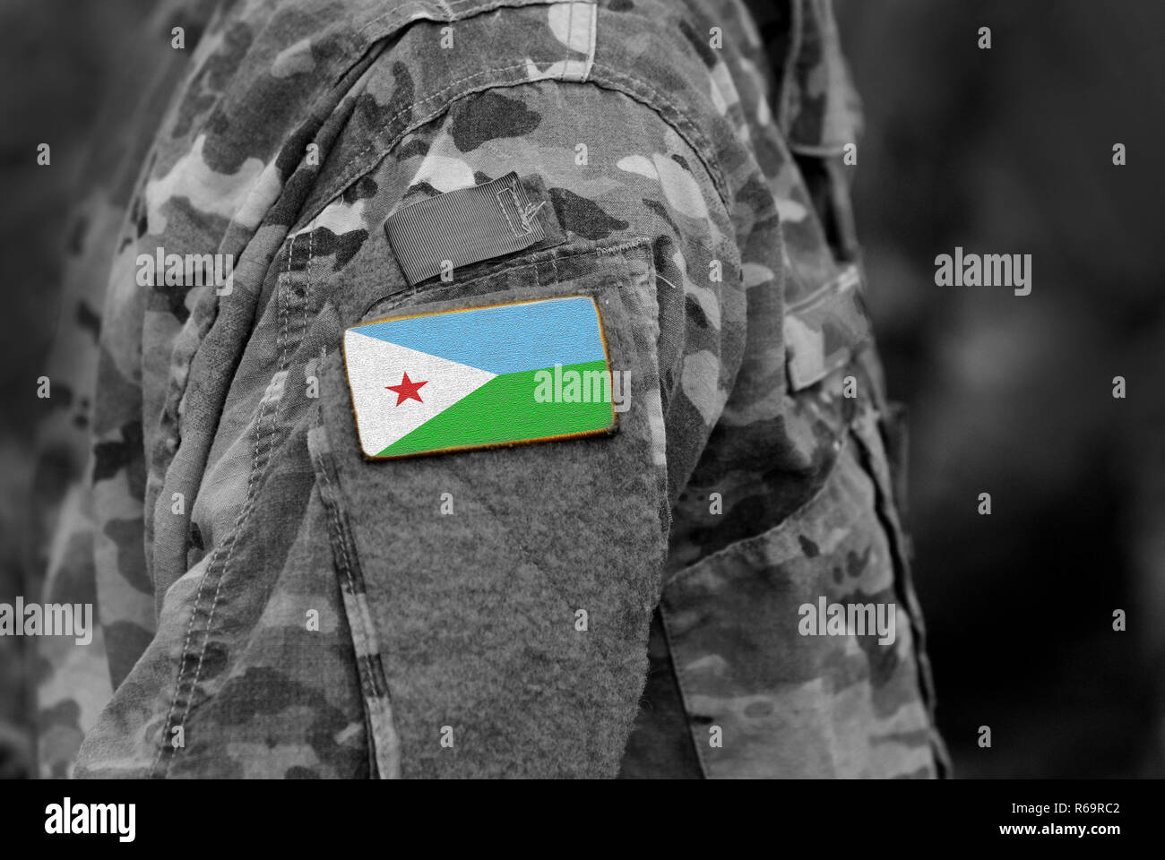 Flag of Djibouti on soldiers arm. Army, troops, military, Africa (collage). Stock Photo