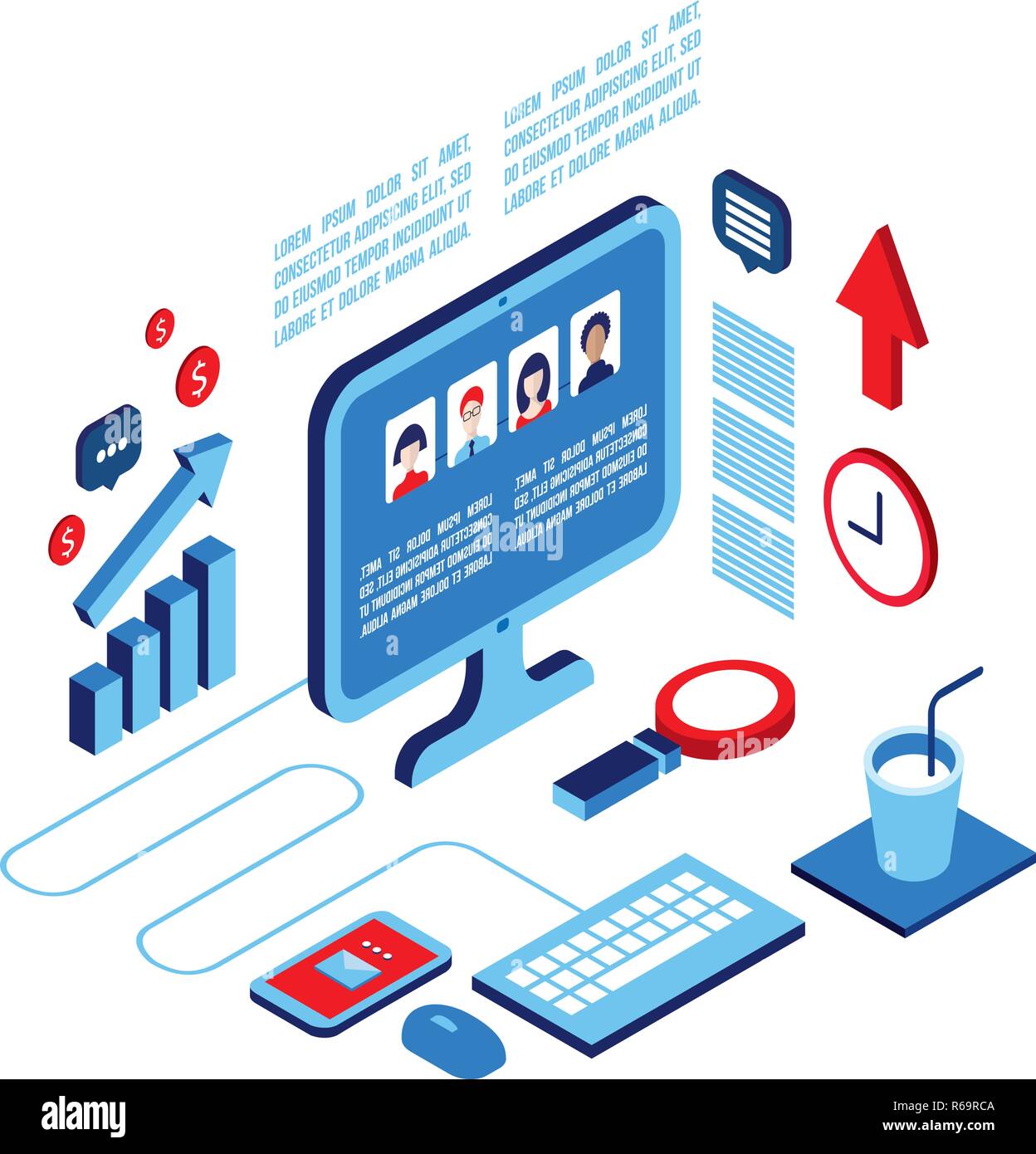 Workplace isometric elements set Social network and communication concept Vector illustration Stock Vector