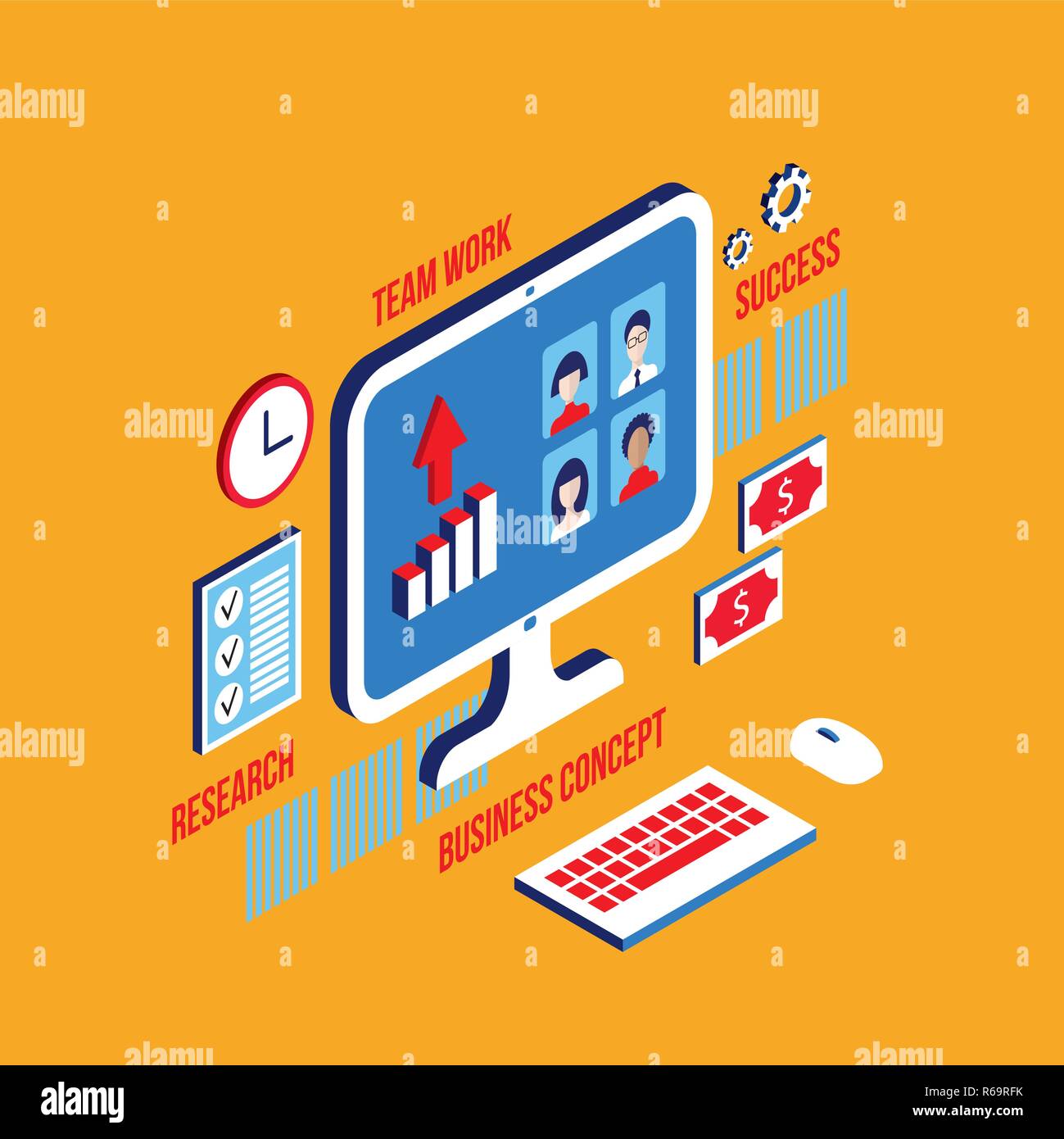 Workplace isometric elements set Social network and communication concept Vector illustration Stock Vector