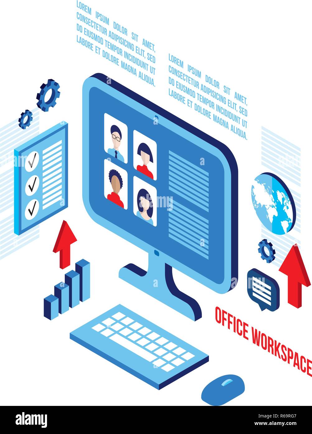 Workplace isometric elements set Social network and communication concept Vector illustration Stock Vector