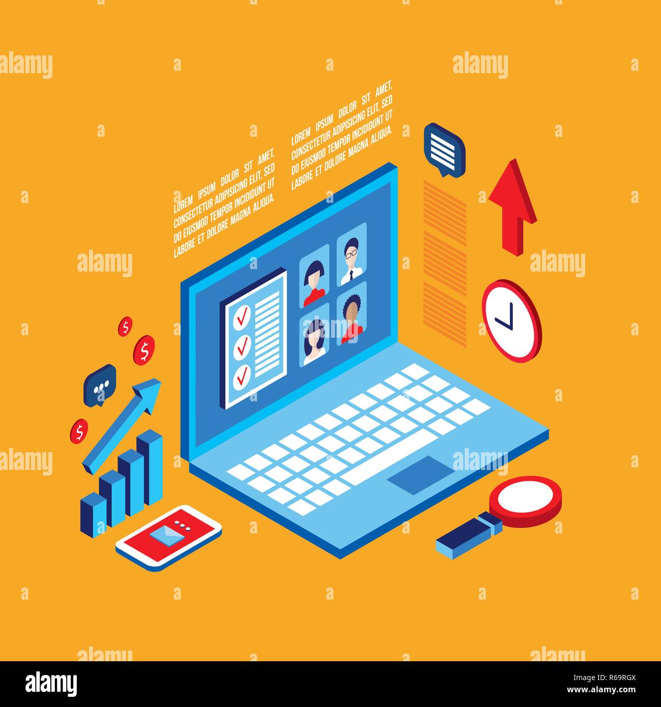 Workplace isometric elements set Successful business concept Vector illustration Stock Vector
