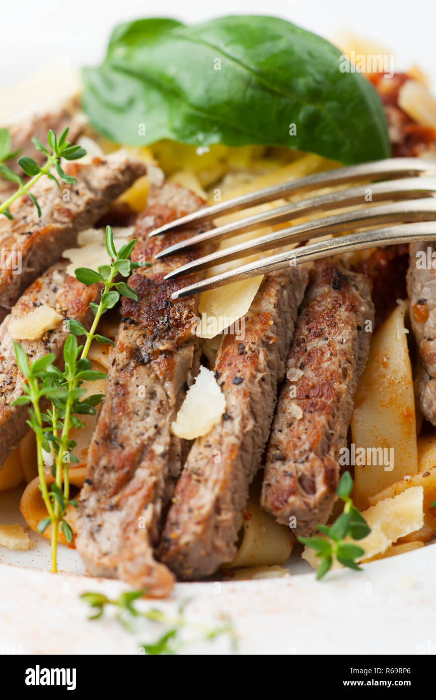 Steak On Pasta Stock Photo Alamy