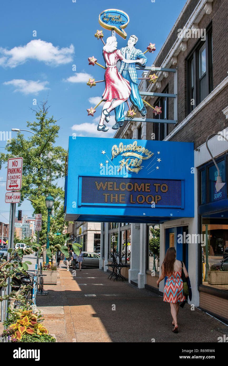 Illuminated advertising of the restaurant and music club Blueberry Hill on Delmar Boulevard, Delmar Loop, St. Louis, Missouri Stock Photo
