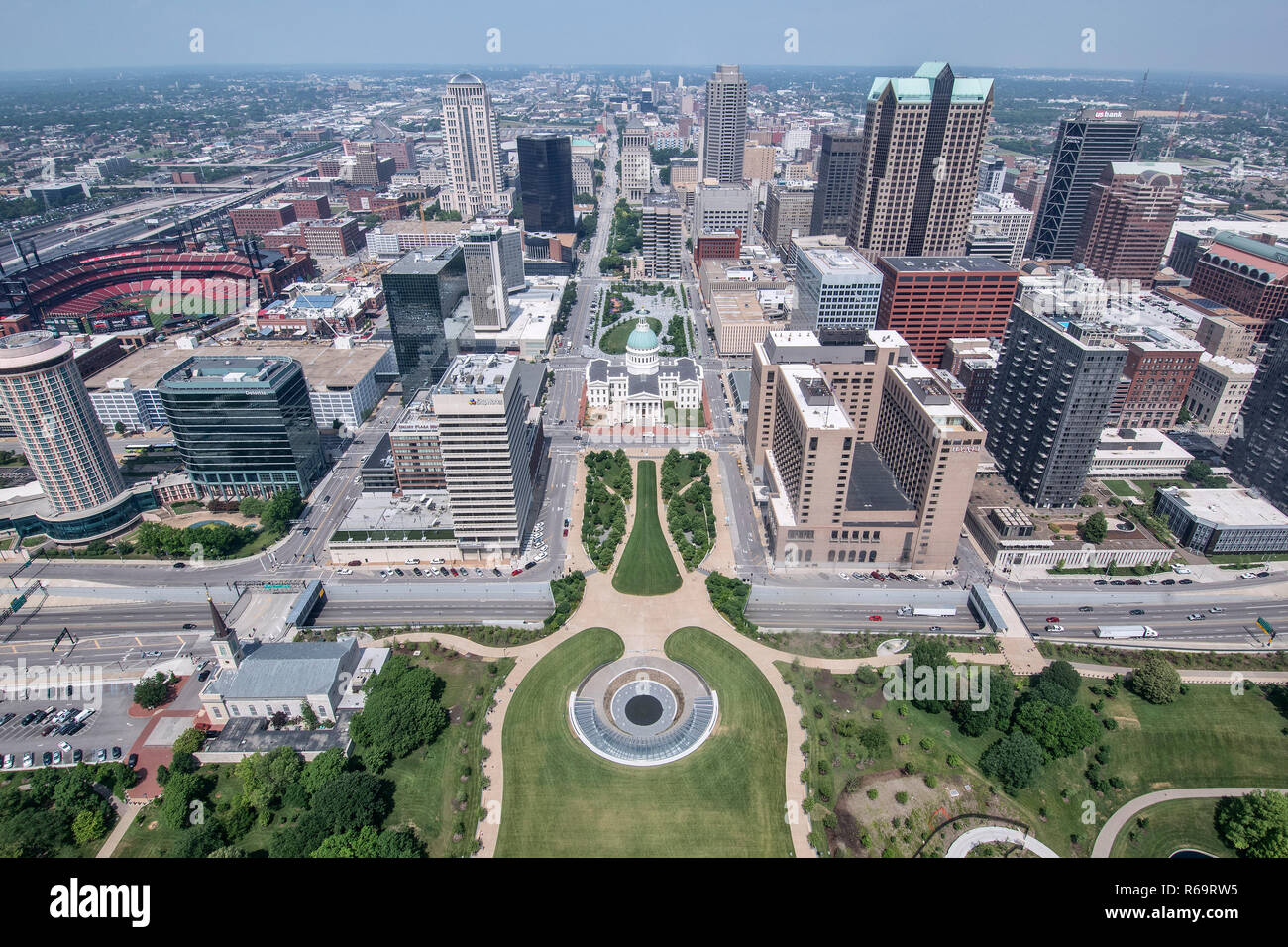 View from the landmark The Gateway Arch, Downtown with Old Courthouse and bush Stadium, St. Louis, Missouri, USA Stock Photo