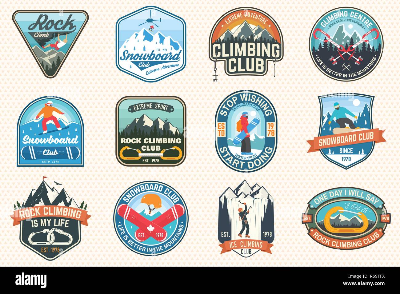 Set of Snowboarding and Rock Climbing club patches. Vector. Concept for patch, shirt, print, stamp or tee. Vintage typography design with snowboarder, climber and mountain silhouette. Extreme sport. Stock Vector