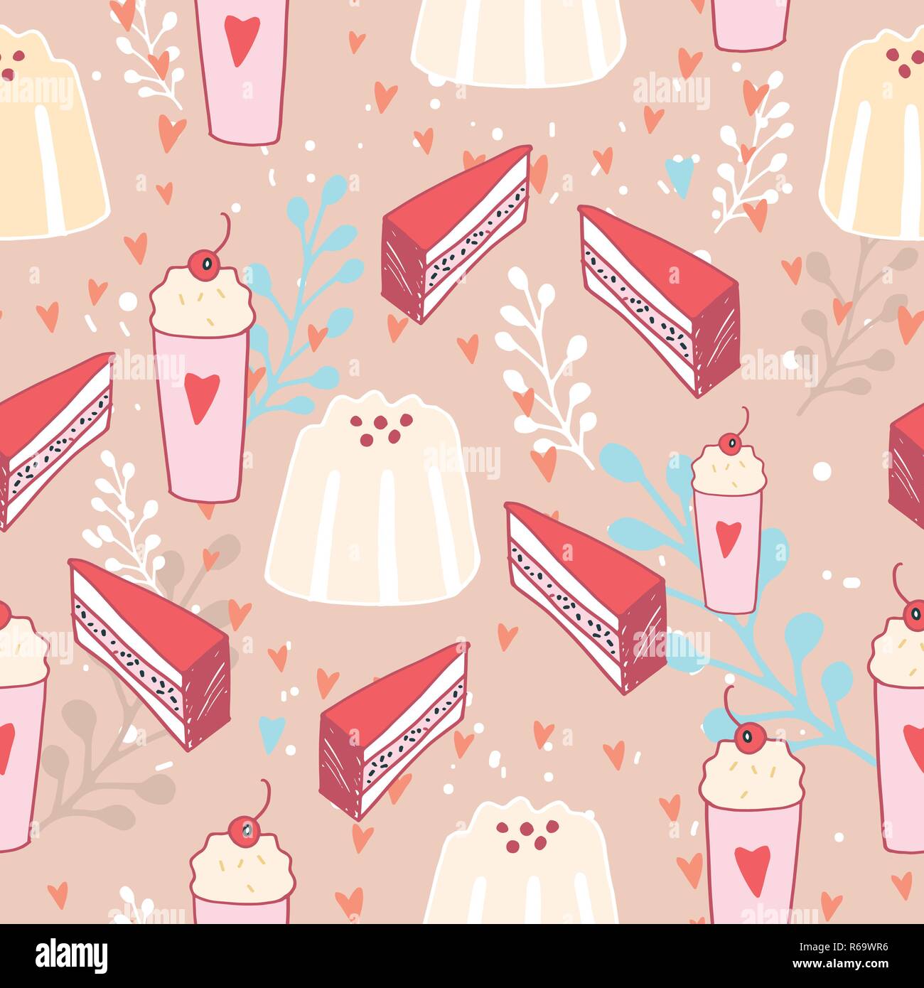 Hand drawn seamless background pattern Delicious dessert food Pudding ...