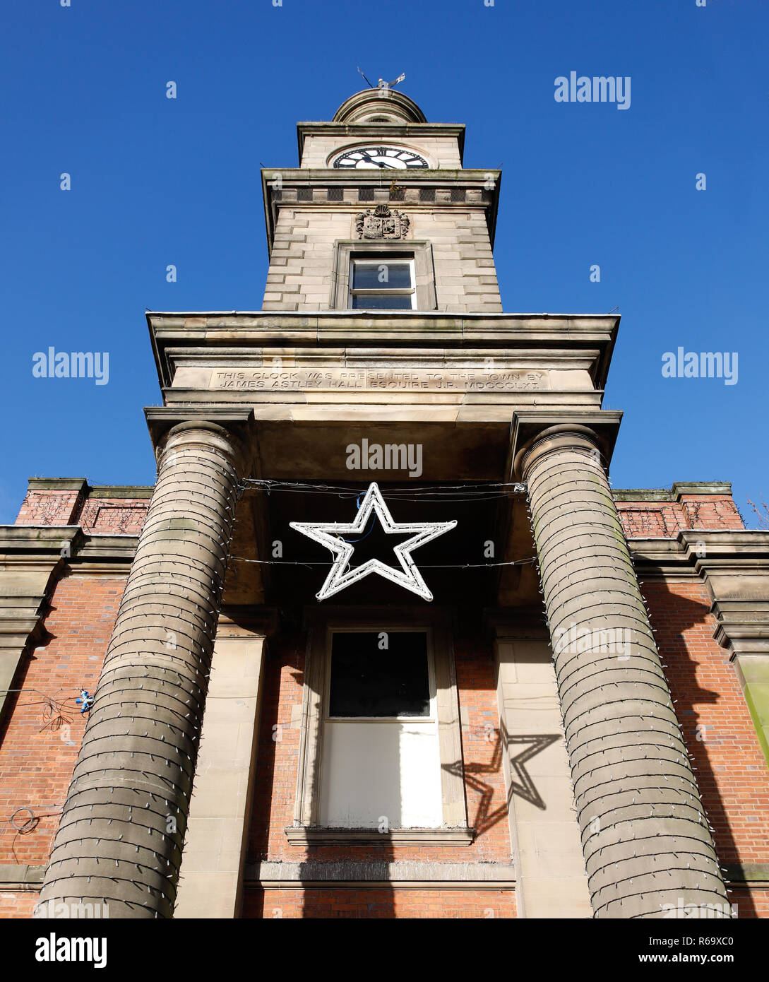 NewcastleunderLyme town centre and Lancaster Buildings with clock
