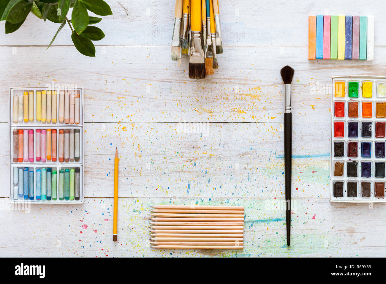 Creative art work accessories tools supplies set concept, paint brushes, paintbox with