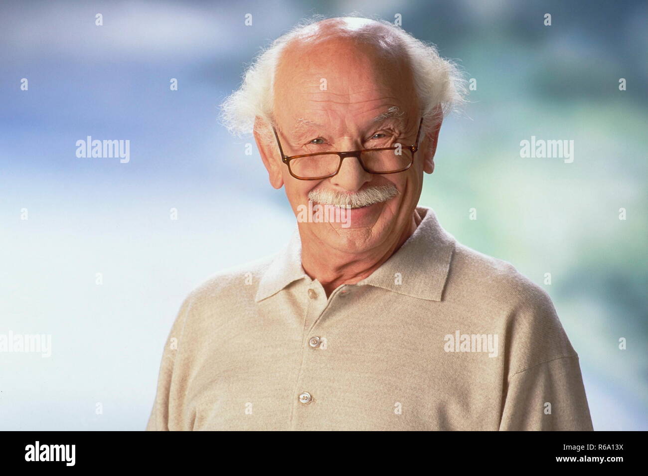 Portrait, weisshaariger Senior mit Oberlippenbart und Brille Stock Photo
