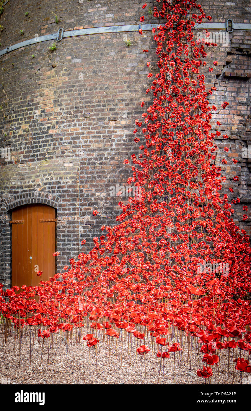 Weeping Poppies installation at Middleport Pottery in Stoke on Trent commemorating 100 years since World War 1 Stock Photo